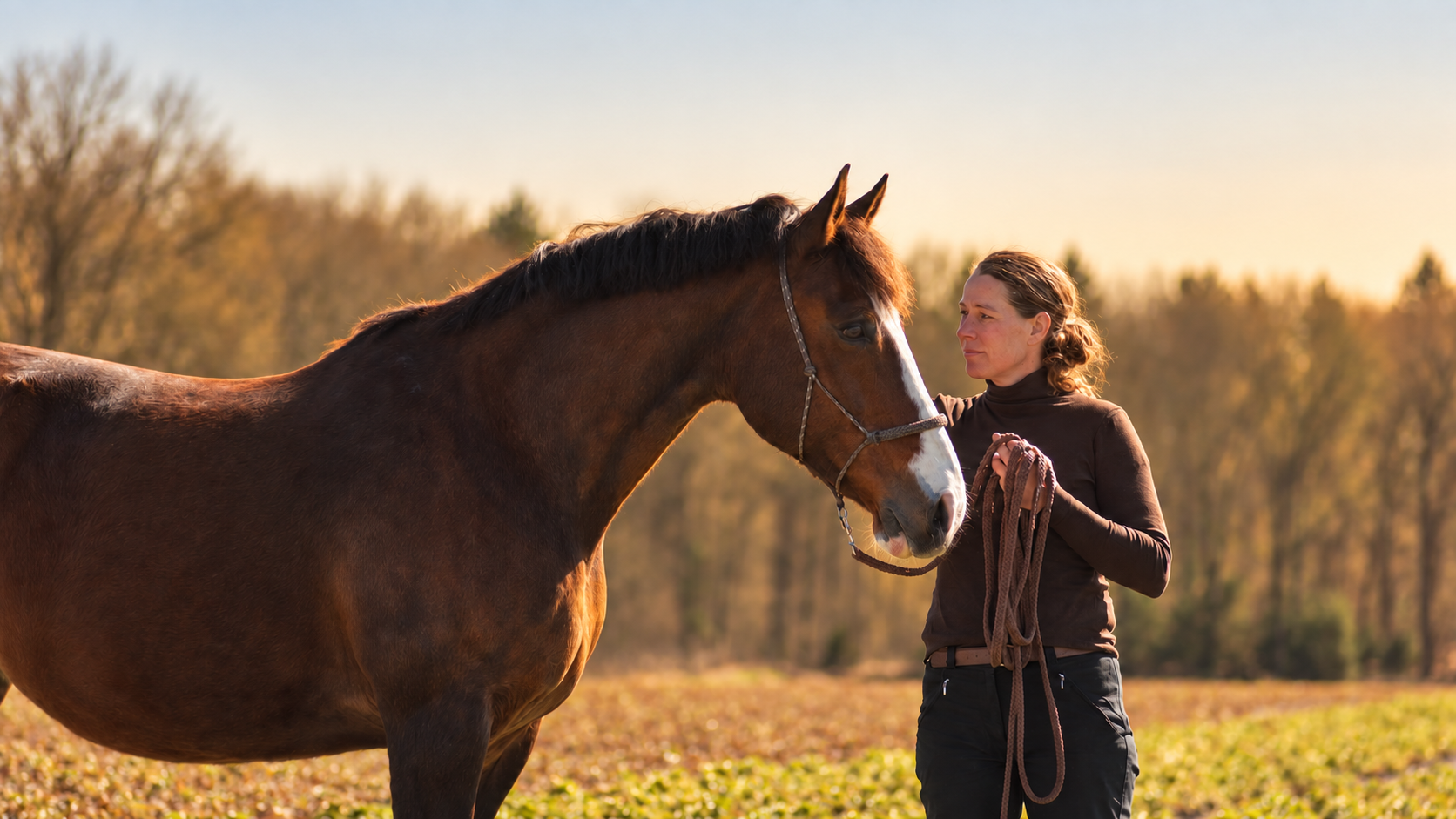 Astrid en haar bruine paard tijdens het gouden uur, rustig samen in het veld